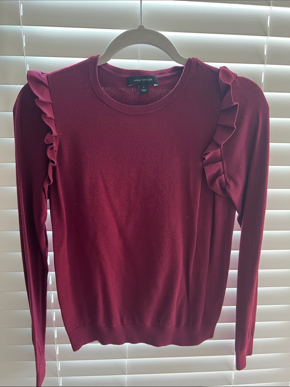 Ann Taylor Wine Red Ruffle-Shoulder Long Sleeve Sweater